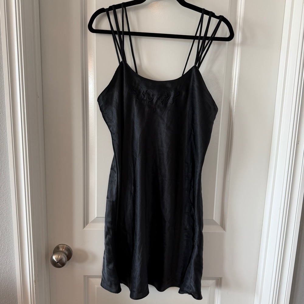 Vintage Y2K 90s Black Satin Slip Dress Embroidered Strappy‎ Whimsygoth Sexy